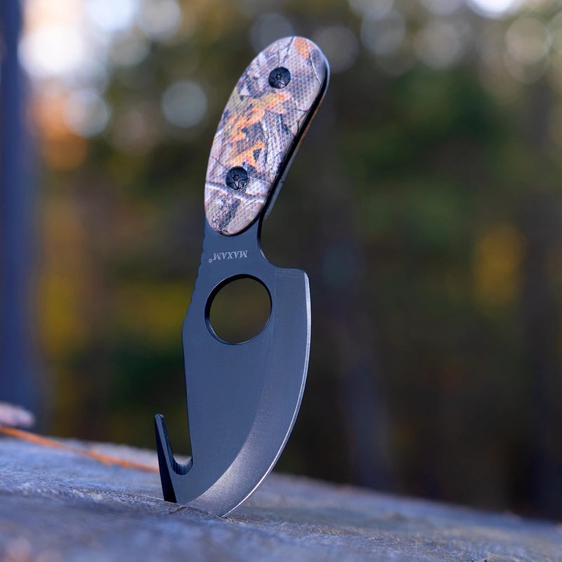 Maxam All in One Fixed Blade Skinning Knife with Gut-Hook, Camo, Full Tang, 7 Inch Knife Includes Nylon Sheath - Image 4